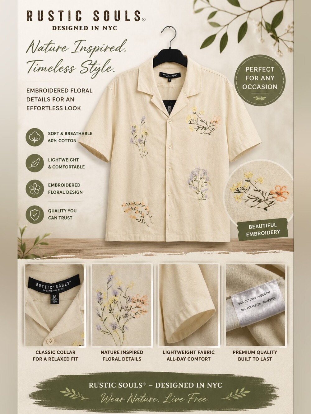 Rustic Souls Embroidered Cream Button-Up Top
